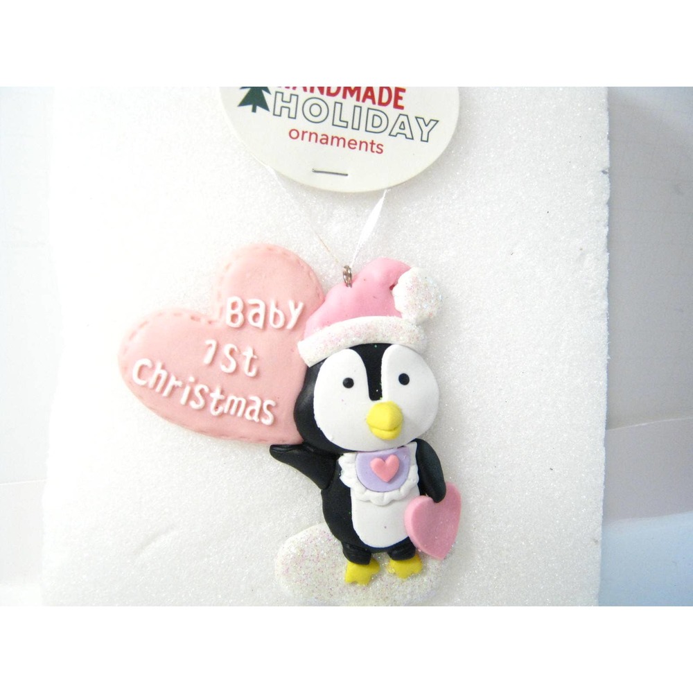 Baby's First Christmas Pink Penguin Hearts 4 inch Christmas Tree Ornament - Picture 2 of 3